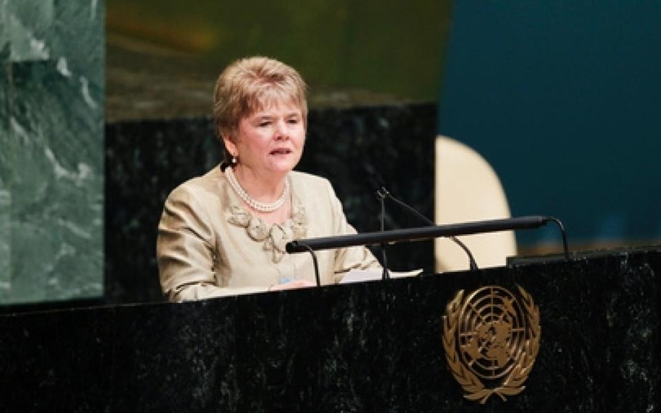 mONICA speaking at the UN